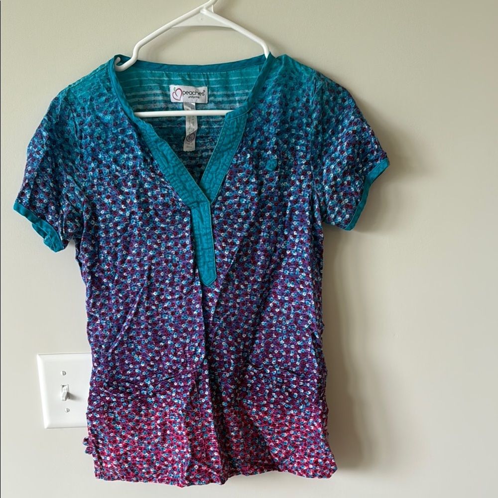 Peaches Uniforms Green and Blue Smocked Scrub Top